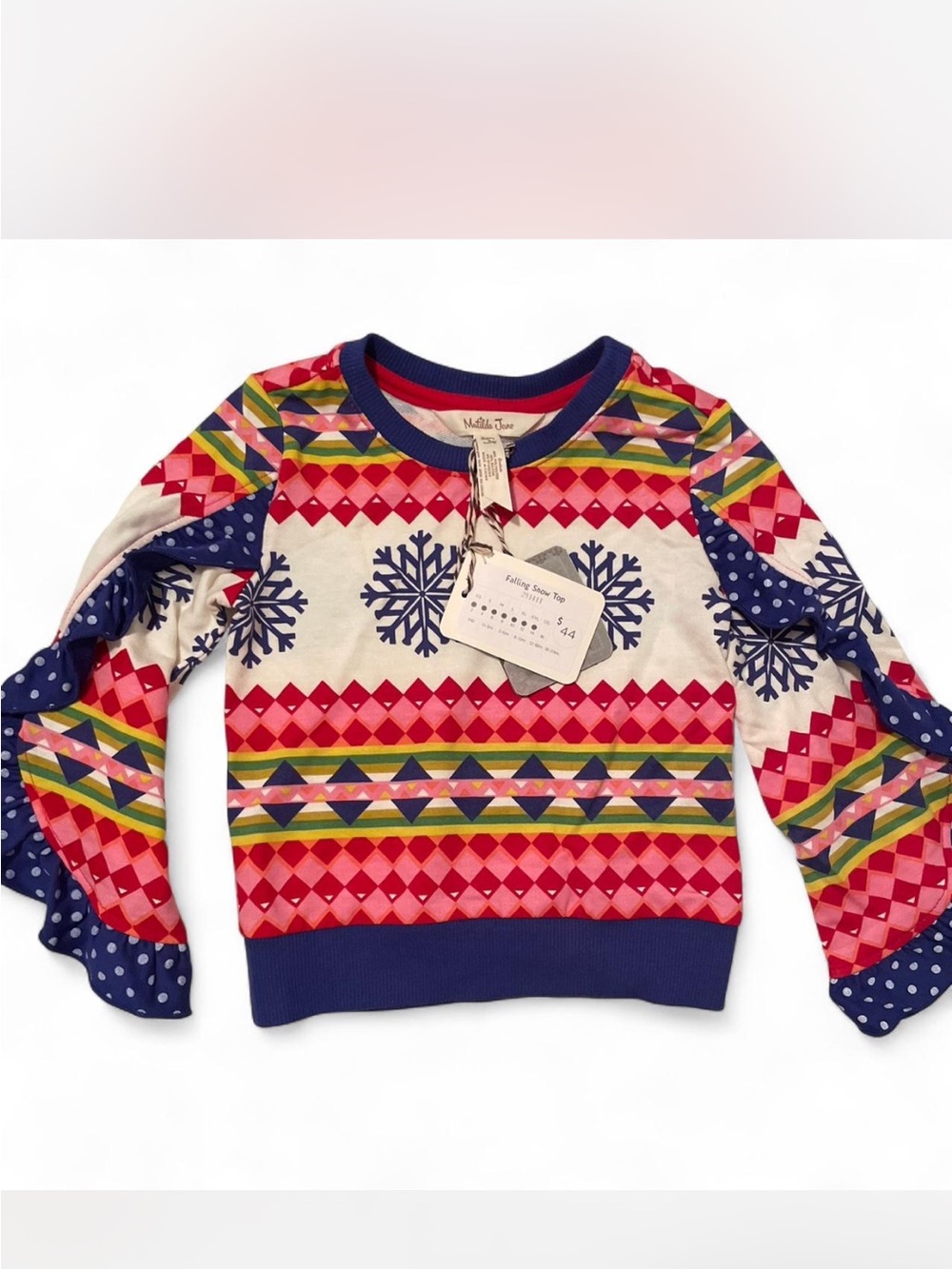 Matilda Jane Multi-Color Snowflake Pattern Top with Navy Trim